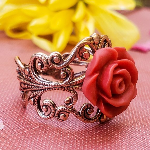 Vintaged Red Rose Lace Ring - Picture 5 of 7